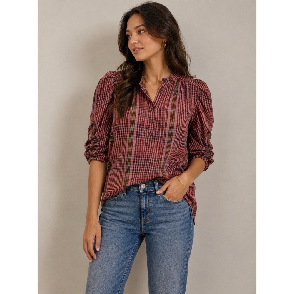 Tulip B Button Down Blouse Women's Large Plaid Ruched Sleeve NWT Casual Wear